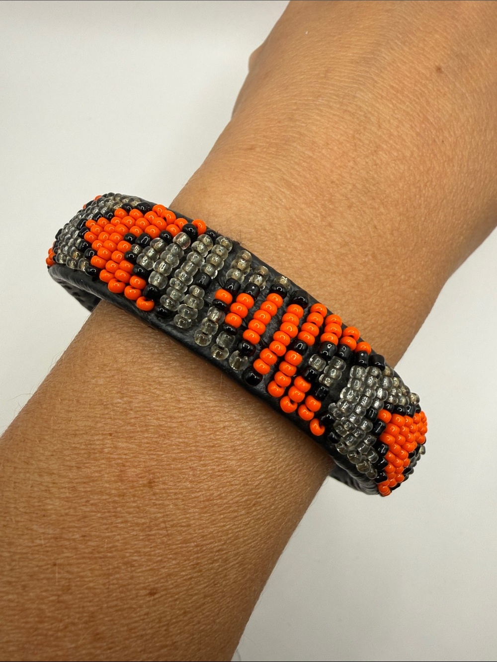 Vintage Native American Style Black Orange Seed Beaded Bangle Cuff Bracelet